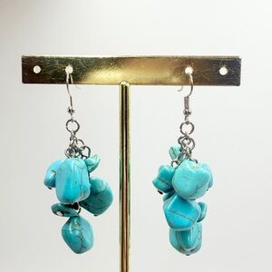 Natural Blue Turquoise Irregular Cluster Gemstone Dangle Silver Hook Earrings